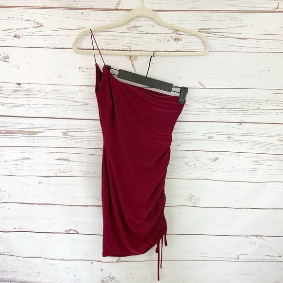 Windsor S Maroon One Shoulder Thin Spaghetti Strap Ruched Side Mini Dress - Picture 5 of 11